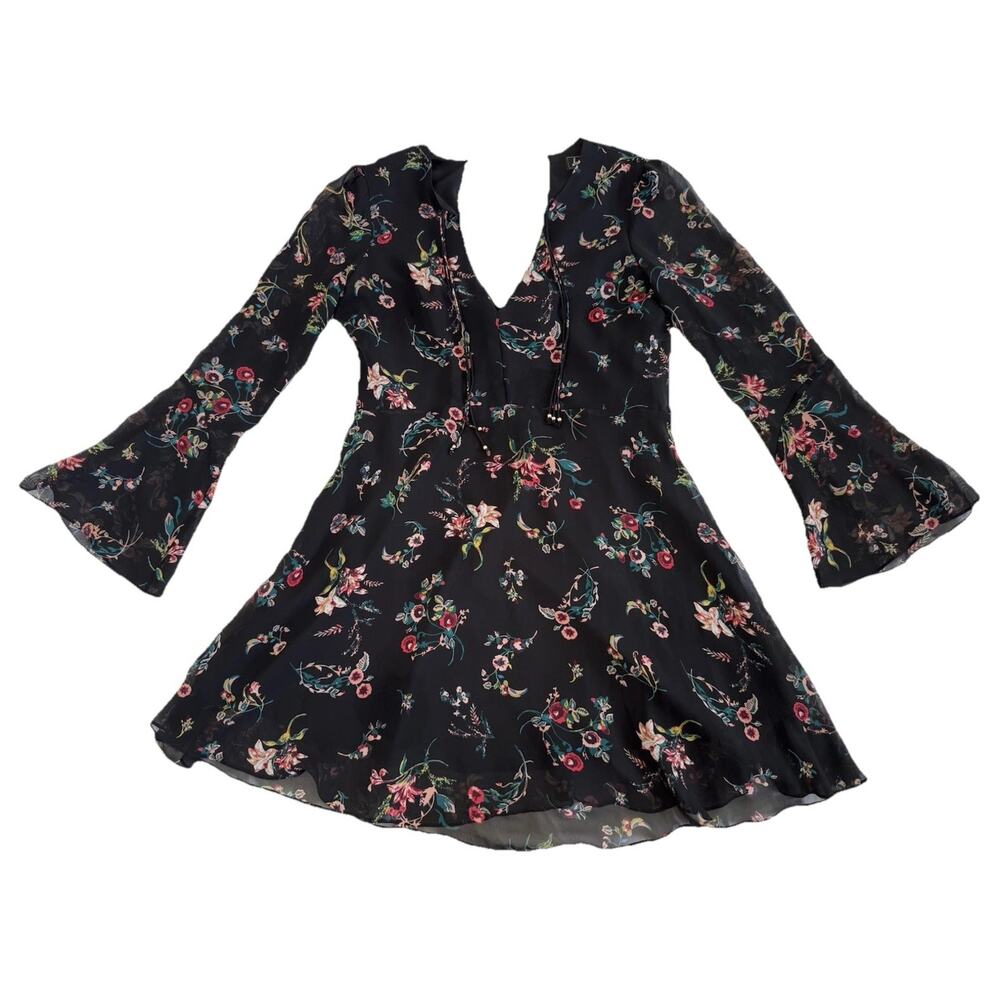 Sam Edelman Black Floral Chiffon Bell Sleeve Tie Dress Long Sleeve Size M